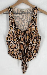Aritzia Babaton Crop Top Womens M‎ Brown Stretch Leopard Scoop Neck Tie Front Photo 0