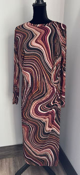 Nine West 2X Sheer Sleeves Overlay‎ Ripple Midi Dress Ruched Waist Pink Black Photo 0