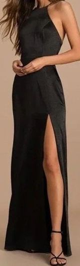 Lulu's Make it Elegant Satin Strappy Maxi Dress Halter Neck Slit Formal Black XS Photo 0