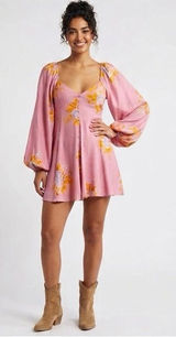 Free People Francesca Mini Dress Dawn Rose Combo Floral Balloon Sleeve XS Photo 0