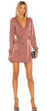 NBD by Revolve Janet Satin Wrap Mini Dress Mauve Long Sleeve XXS NWT Photo 0