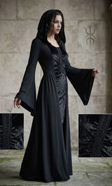 Gothic Hooded Maxi Dress Black Velvet Bell Sleeve Medieval Witchy Gown M/L Photo 0