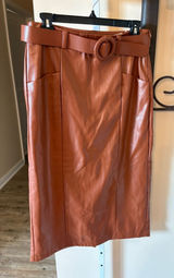 Versona Cognac Brown Faux Leather Belted Pencil Skirt Modern Size 8 NWT Photo 0