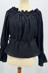 SCOOP Off Shoulder Peplum Blouse Black Tie Waist Long Ruffle Sleeve Casual Top L Photo 0