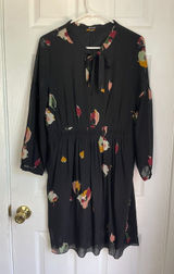 Madewell Short Dress VNeck Collar Tie Leaf Print Black Sheer Long Sleeves Size 1 Photo 0