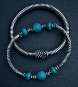 Set of 2 Silver & Turquoise Beaded Bracelets Boho Western Southwestern Jewelry Photo 0