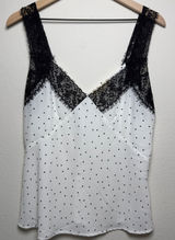 Lovestitch‎ Women Babydoll Tank Top Large White Black Polka Dot Lace Trim Whimsy Photo 0