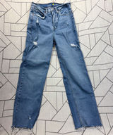 Old Navy Sky-Hi Straight Jeans 4 Blue‎ Distressed Raw Hem Extra High Rise Photo 0