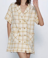 Zara Women Cream Yellow‎ Plaid Tweed Double Breasted Dress Gold Buttons Small Photo 0
