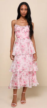 Lulus Immaculate Cutie Light Pink Floral Sleeveless Tiered Midi Dress NWT size M Photo 0