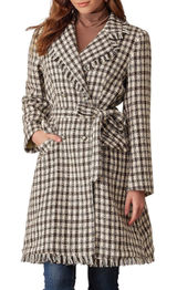 NWT Grace Karin Tweed Pea Coat Plaid Women Size XL Raw Edges Belted Cream Brown‎ Photo 0