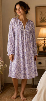 Lanz of Salzburg Cotton Flannel Tyrolean Purple Floral Cottagecore Nightgown Photo 0