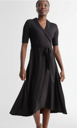 Quince Tencel Jersey Midi Wrap Dress Black Shawl Collar Short Sleeve L DKBIZ01 Photo 0