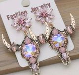 Western Chic Bull Head & Sunflower Glass Dangle Earrings Gothic Style, Stainless Photo 0