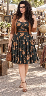 LuLaRoe Nicole Floral Fit Flare Dress XL Black Gold Tan Scoop Neck Skater Midi Photo 0