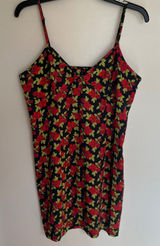 Urban‎ Outfitters Red Rose Floral Mini Slip Dress Black V-Neck Size Large 90s Photo 0