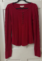 Lucky Brand Cable Knit Sleeve Thermal Henley Top M Red Cotton Boho Gorpcore Fall Photo 0