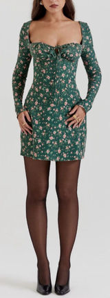 NEW House of CB MALIKA Green Floral Corset‎ long sleeve Mini Dress sz XS Photo 0