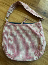 Red White Seersucker Striped Cotton Hobo Bag Navy Lining Zip Pocket Summer Tote Photo 0