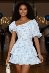 Hello Molly Blue Floral Tiered Ruffle Mini Dress Puff Sleeve Cotton Womens 6 M Photo 0
