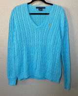 100% Cotton Ralph Lauren Sport Cable Knit Sweater Large Blue Orange Pony V Neck Photo 0