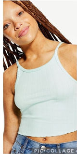 Aeropostale L Ribbed High Neck Cropped Cami Top Lettuce Hem Grunge‎ Whimsy Goth Photo 0