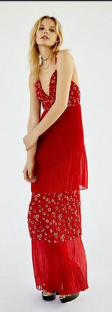 Free People x Fame Women's Kayla Maxi Gown Red Pleated Sunflowers Size 6‎ Photo 0