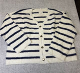 A New Day Womens 1X Navy White Striped Fuzzy Knit Cardigan Gold Buttons NEW Photo 0