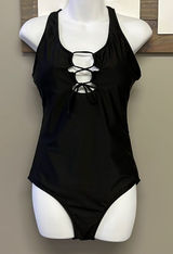 SHEIN Black One Piece Plunging Neckline with Tie and Razorback Swimsuit- Large Photo 0