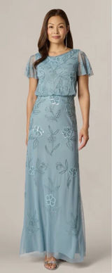 Adrianna Papell Boat Neck Short Flutter Sleeve Beaded Blouson Long Dress Size‎ 4 Photo 0