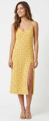 Reformation Crimini Yellow Floral Print Midi Sip Dress Leg Slit Size 0/XS Photo 0
