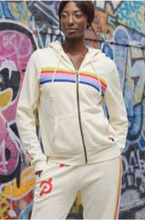 Aviator Nation x Peloton 5 Stripe Zip Hoodie Womens XXL Cream Photo 0