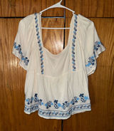 Old Navy White Peasant Top with Blue Floral Embroidery Photo 0