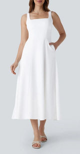 Halara Sleeveless Square Neck Side Pocket Corset Maxi Dress Frost White Small Photo 0