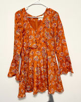 J.O.A. Womens Dress L New Rust Orange Purple Floral Mini Bell Long Sleeve Photo 0