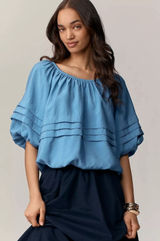 ANTHROPOLOGIE MAEVE SHORT PUFF SLEEVE BUBBLE TIERED BLOUSE SHIRT TOP Small Blue Photo 0