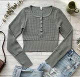 OFFLINE by Aerie Waffle Knit Henley Crop Top Sage Green XS‎ Thumbholes Thermal Photo 0