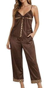 Delicates Pajamas Set Womens M Satin Leopard Trim Cami Pants‎ Sleepwear Lounge Photo 0