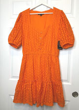 Boston Proper NWT Eyelet‎ Mini Dress Large Orange New Puff Sleeve Tiered Photo 0