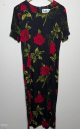 VTG 90s WNY Women Indie Fairy Grunge Maxi‎ Dress Medium Black Roses Short Sleeve Photo 0