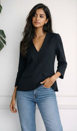 ZARA Structured Crepe V-Neck Top - Black | Minimalist Chic Photo 0