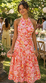 ASOS DESIGN Red Floral Halter Belted Midi Dress Sz. 10 NWOT Photo 0