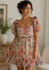 Coco & Jaimeson‎ Floral Puff Sleeve Cottagecore Babydoll Mini Dress Romantic LG Photo 0