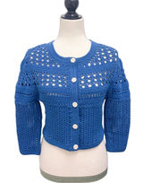 Amour Vert Blue Crochet Open Knit 3/4 Sleeve Cropped Cardigan Sweater Small Photo 0