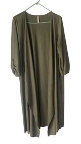 Gilli Size Large Green Faux Suede Open Front Duster Long‎ Cardigan Top Photo 0