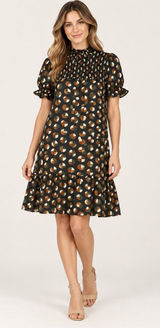 THML Women’s Small Geometric Print Smocked Mock Neck Ruffle Hem Shift Dress Photo 0