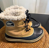 Sorel Winter Carnival Waterproof Tan Black Faux Fur Snow Duck Boots Womens‎ 7 Photo 0