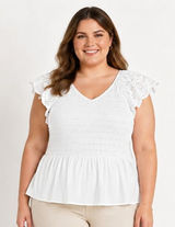 Time and Tru Womens Top Size XXL Vivid White Smocked Bodice V Neck Eyelet Stretc Photo 0