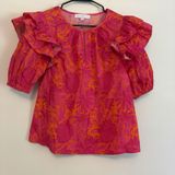 Sugarlips Small Blouse Top Floral Puff Ruffle Sleeve Orange Pink Cotton Garden Photo 0