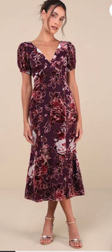 NWT Lulus Loving Approach Purple Velvet Burnout Puff Sleeve Midi Dress - Size S Photo 0
